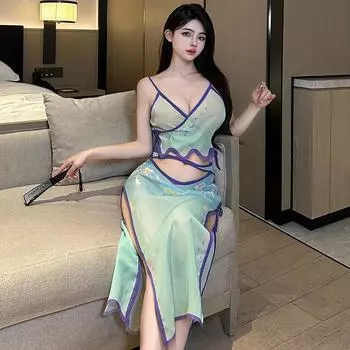 Сексуальное нижнее белье чонсам юбка с разрезом чистое желание сексуальный костюм шея ночная сорочка 4098 One size