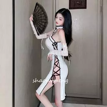 Сексуальное нижнее белье, красота темной ночи * сексуальное чистое желание с вырезами, раздельные бретели, ретро чонсам, облегающее, с разрезом, ночная сорочка для женщин One size [recommended 70-62.5kg]