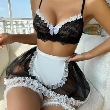 Sex underwear foreign trade supply Europe and the United States new sexy jacquard lace white edge split maid apron set S