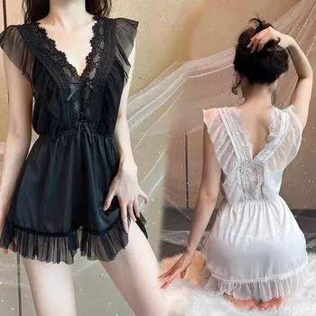 Сексуальное нижнее белье Домашнее Кружевное Прозрачное Подвязочное Для маленькой груди Чистое Желание Цельное С вырезами Соблазнительное С бретелями Ночная сорочка One Size