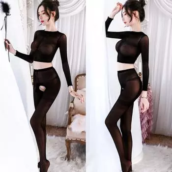 Сексуальное нижнее белье с длинными рукавами и круглым вырезом, укороченный комплект из двух частей, открытый ромпер, чулки, сексуальный пижамный комплект, сексуальный комбинезон One size (hardcover) 80-75 kg