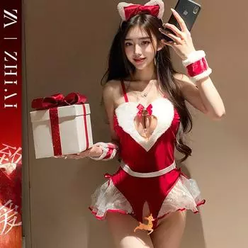 Сексуальное нижнее белье новое красное Рождественская одежда женская сексуальная свободная ролевая игра чистое желание Новогодний костюм перспектива One size [80-60kg]