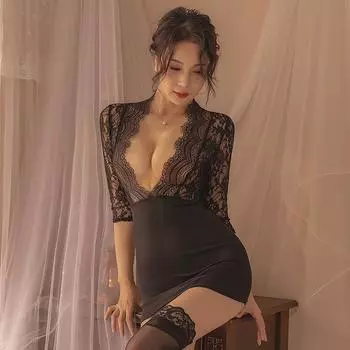 Сексуальное нижнее белье Страсть Кружева Бедра Юбка Костюм Женская Униформа Кружева Перспектива Соблазн Горячая Открытая Пижама M