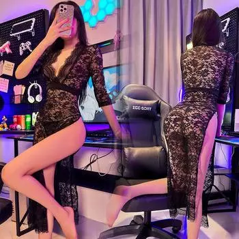 Сексуальное нижнее белье Страсть Кружева Длинное платье Соблазнительный Cheongsam Ретро Разрез Вилка Тонкий Пояс для бедер Сексуальная Полая пижама One Size