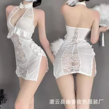 Сексуальное нижнее белье ретро принт ципао полая перспектива униформа комплект сексуальная пижама average size