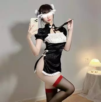 Сексуальное нижнее белье Ретро Сатин Боковой разрез Ципао Униформа Сексуальный Классический Костюм Красоты Костюм для быстрого постукивания в постели One size
