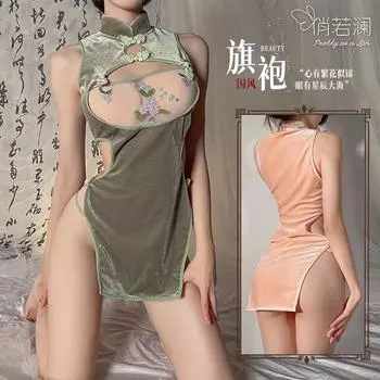 Сексуальное нижнее белье, сексуальное чонсам, прозрачность в области груди, юбка с разрезом с высокой талией, расклешенное чонсам, костюм униформа, нижнее белье One size [can wear 80-60kg]