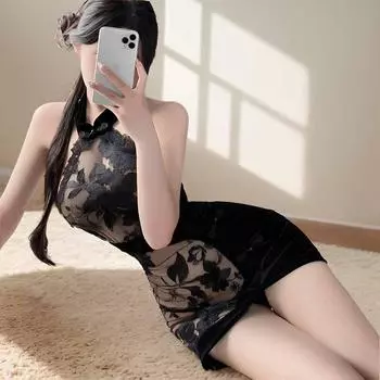 Сексуальное нижнее белье, сексуальное кружево, вышивка на шее, прозрачное, соблазн маленькой груди, открытая спина, бархат на бедрах, униформа ципао average size 80-60kg