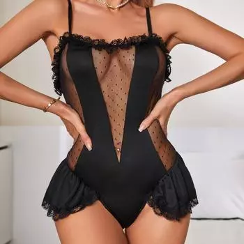 Сексуальное нижнее белье, сексуальная перспектива, комбинезон из молочного шелка, маленький кружевной подвязочный, с открытой спиной, в горошек, женское S