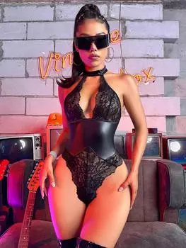 Сексуальное женское черное лаковое нижнее белье, цельное, с кружевной отделкой на шее S