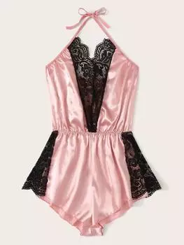 Сексуальное нижнее белье женское цельное с шейным ремешком розовое нижнее белье S