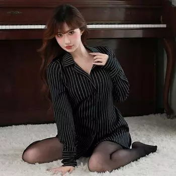 Сексуальное нижнее белье в полоску, рубашка, униформа, чистое желание, секретарь, свободный костюм, сексуальное соблазнение, страсть, пижама M [80-50kg]