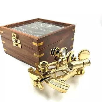 Секстан из латуни 12,7 см с красивой дизайнерской деревянной коробкой Ручная работа Латунь, Стекло, Дерево