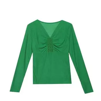 Сексуальная базовая рубашка с леопардовым принтом для женщин в начале осени, шикарная облегающая рубашка с сетчатым V-образным вырезом и бусинами, футболка с длинными рукавами M