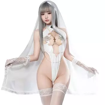Сексуальная белая сестра косплей с крестом костюм нижнее белье горничная стиль трико милый Хэллоуин вечеринка один размер перчатки включены [SENMHS] женский