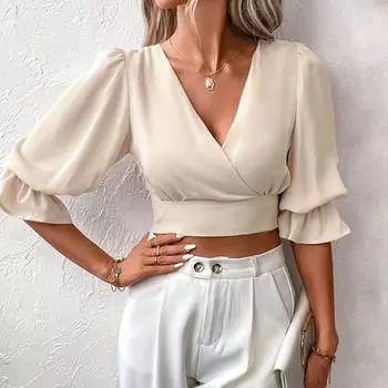 Сексуальная блузка с v-образным вырезом, женская летняя рубашка с короткими рукавами, однотонные короткие топы с пышными рукавами, офисная женская облегающая одежда Blusas 27990 S абрикосовый