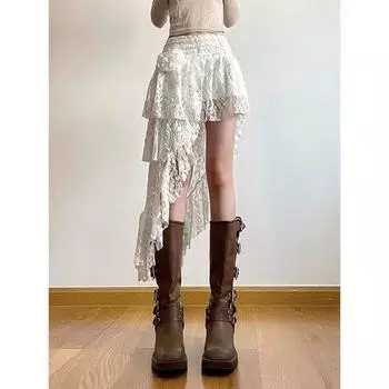 Сексуальная богемная милая кружевная юбка женская элегантная нерегулярная юбка с высокой талией винтажная корейская женская повседневная милая белая юбка-трапеция S белый