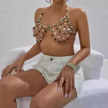 Сексуальная цепочка из бисера, разноцветная цепочка из бисера, жилет-халтер, шаль, боди, цепочка, бюстгальтер, пляжные аксессуары, сексуальная одежда one size fits all разноцветный