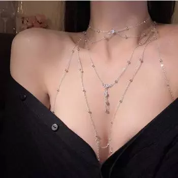 Сексуальная цепочка на грудь, цепочка для тела, европейское и американское бикини, трехмерная цепочка на спине, цепочка на ключицу, ожерелье без спинки, женский аксессуар Neck chain (silver) золотой