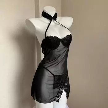 Сексуальная черная кружевная мини-ночная рубашка с бретельками через шею, с глубоким вырезом на спине, без рукавов, женская ночная рубашка, нижнее белье из сетки, летнее белье One Size