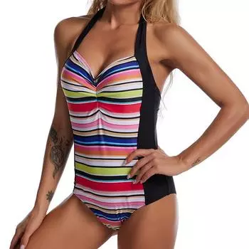 Сексуальная девушка цельный бикини халтер глубокий V-образный вырез купальник женский полосатый принт спинка открытый купальник S
