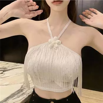 Сексуальная девушка с висящей шеей, красивый жилет на подтяжках сзади, женский внутри с нагрудными подушечками, топ без рукавов, модная одежда Kawaii, повседневные укороченные топы One Size белый