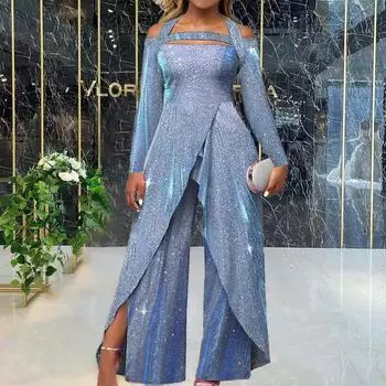 Сексуальная длинная юбка с неровной лазерной резкой, пайетками, косым вырезом спереди, дорожный комбинезон с открытыми плечами, сверкающими деталями и брюками с высоким разрезом для женщин L синий