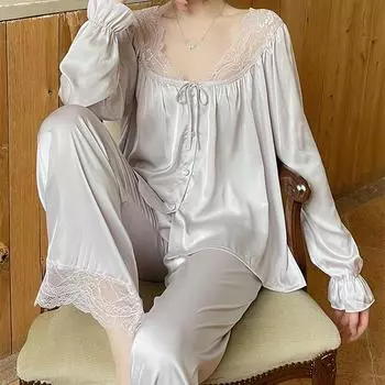 Сексуальная домашняя одежда с V-образным вырезом, ночная одежда, пижамы, изящный кружевной воротник, комплект для сна, женская вискозная пижама, 2 предмета, рубашка и брюки, домашняя одежда, пижама M фиолетовый