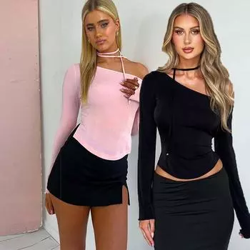 Сексуальная футболка на одно плечо, женская футболка с длинными рукавами и диагональным воротником, футболка с длинными рукавами, облегающие повседневные базовые однотонные облегающие футболки, топы S розовый