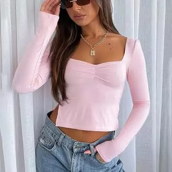 Сексуальная футболка с длинным рукавом, новые женские плиссированные укороченные топы с квадратным воротником, весна-лето 2024, женская элегантная плиссированная одежда с разрезом по бокам 50 S белый