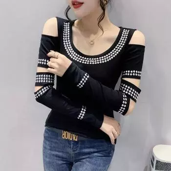 Сексуальная футболка с открытыми плечами и длинными рукавами для женщин, тяжелая промышленность, топ Liudai, тонкая и полая основа M чёрный