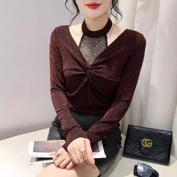 Сексуальная футболка с открытыми плечами и длинными рукавами для женщин, дизайнерский топ с халтер-воротником, облегающая рубашка с узкими низами M