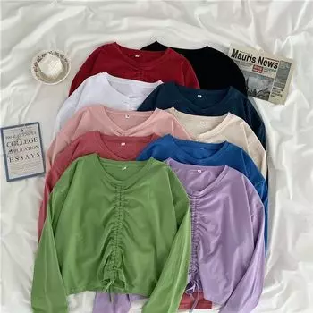 Сексуальная футболка с рюшами на шнурке, женская однотонная рубашка с длинным рукавом, повседневные топы на бретелях, модный укороченный топ, женская базовая футболка Y2k, уличная одежда S белый