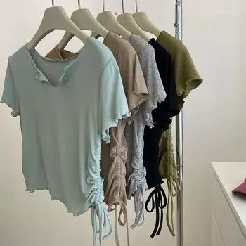 Сексуальная футболка с v-образным вырезом, женская футболка с коротким рукавом и рюшами на шнуровке, повседневные майки, модный укороченный топ, женская летняя футболка, уличная одежда M кофейный