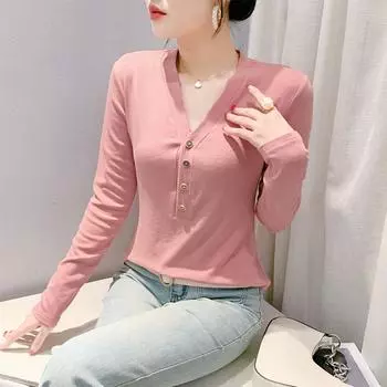 Сексуальная футболка с V-образным вырезом и длинными рукавами на пуговицах для женщин, зимняя новая модная и универсальная базовая рубашка, облегающая S розовый