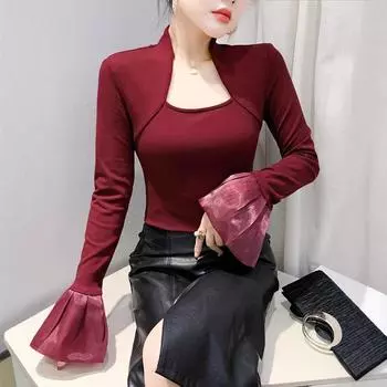Сексуальная и элегантная футболка с квадратным воротником и длинными рукавами, универсальный топ с расклешенными рукавами для женщин S