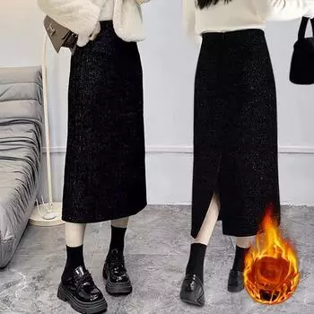 Сексуальная и гламурная черная блестящая юбка в корейском стиле с высоким разрезом на осень/зиму S чёрный