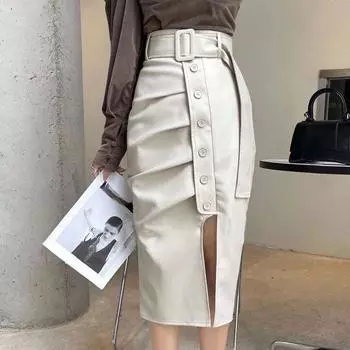 Сексуальная и шикарная кожаная юбка для женщин с юбками с завышенной талией и разрезом по бокам M белый