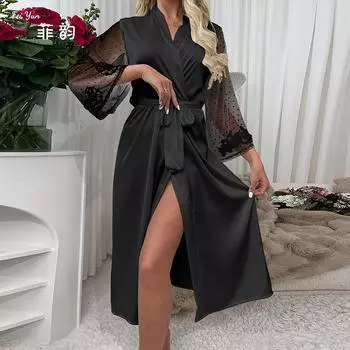 Сексуальная имитация шелка весна-лето пижама атласная свадебная ночная рубашка кружево удлиненное утреннее платье S белый