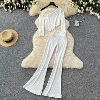 Сексуальная косая горловина без бретелек длинный рукав асимметричная футболка топ женский высокая талия тонкий пакет бедра микро брюки костюм One size чёрный