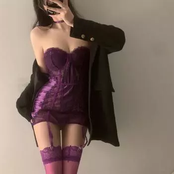 Сексуальная кружевная атласная фиолетовая юбка на бедрах женская сборка маленькая грудь сексуальный интерес без униформы One size fits all [80-60kg]