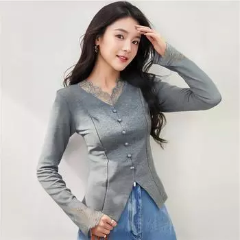 Сексуальная кружевная ажурная ажурная футболка с разрезом, весенний длинный рукав, женский топ L серый