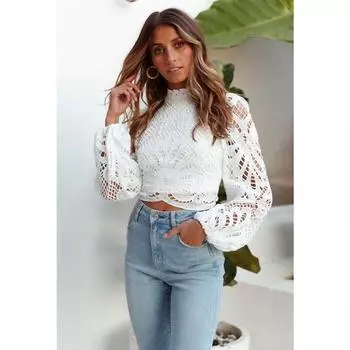 Сексуальная кружевная блузка с длинным рукавом, женские топы, повседневные белые вязанные крючком укороченные женские рубашки, водолазка, женские Blusas 16296 S белый