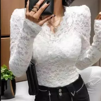Сексуальная кружевная блузка с длинным рукавом, модная женская облегающая блузка с v-образным вырезом, осенние элегантные вязанные крючком полые короткие рубашки 29994 S абрикосовый