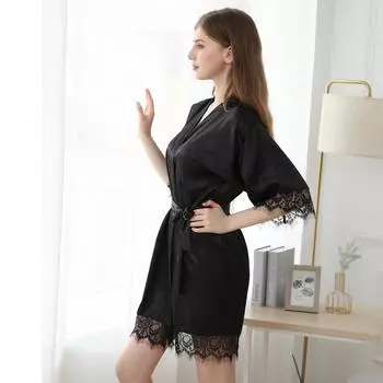 Сексуальная кружевная кружевная однотонная домашняя ночная рубашка, халат, летний женский кардиган из искусственного шелка, свадебный халат S белый