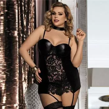 Сексуальная кружевная ночная рубашка с подвязками из искусственной кожи большого размера [оригинальное авторское право] M