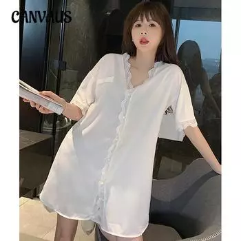 Сексуальная кружевная ночная рубашка женская волнистая кружевная рубашка с коротким рукавом пижама повседневная свободная домашняя одежда ночная рубашка M белый