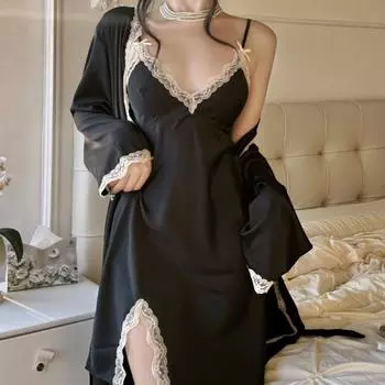 Сексуальная кружевная отделка подтяжки ночная рубашка весна лето женский халат комплект из 2 предметов кимоно халат платье свободный атлас домашняя одежда одежда для отдыха M