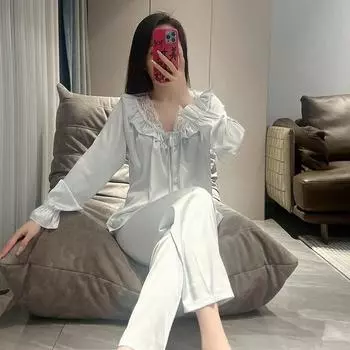 Сексуальная кружевная пижама с V-образным вырезом, длинные рукава, кардиган, брюки, пижама, комплект из двух частей, домашняя одежда в стиле принцессы, повседневная свободная ночная рубашка M