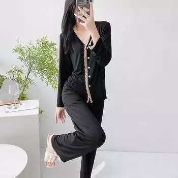 Сексуальная кружевная пижама, весенняя новая пижама, модальные брюки с длинными рукавами, двухкомпонентная пижама, повседневная домашняя одежда S